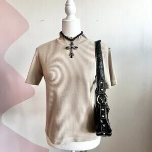 Vintage Ribbed Mock Neck Top 90s Y2K Minimalist Indie Retro Grunge Small